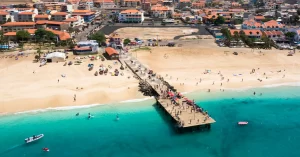 Aerial view of Santa Maria Beach on Sal Island, Cape Verde - a peaceful and safe destination for tourists